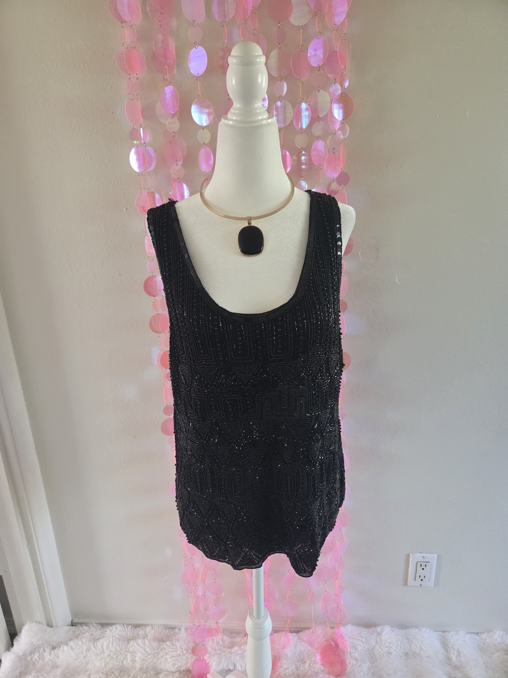 Silk And Cotton Black Beaded Scoop Neck Tank Top